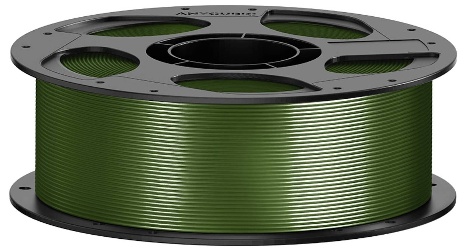 Spule mit grünem Filament für einen 3D-Drucker auf einer schwarzen Rolle.