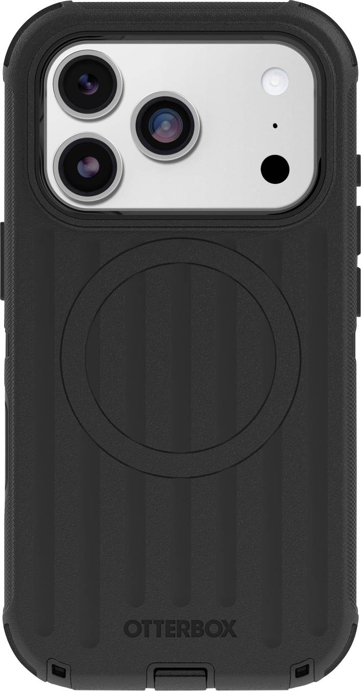 Schwarze OtterBox-Handyhülle mit einem integrierten MagSafe-ähnlichen kreisförmigen Ring auf der Rückseite und einer Kameraauschnitt mit drei Linsen oben links.