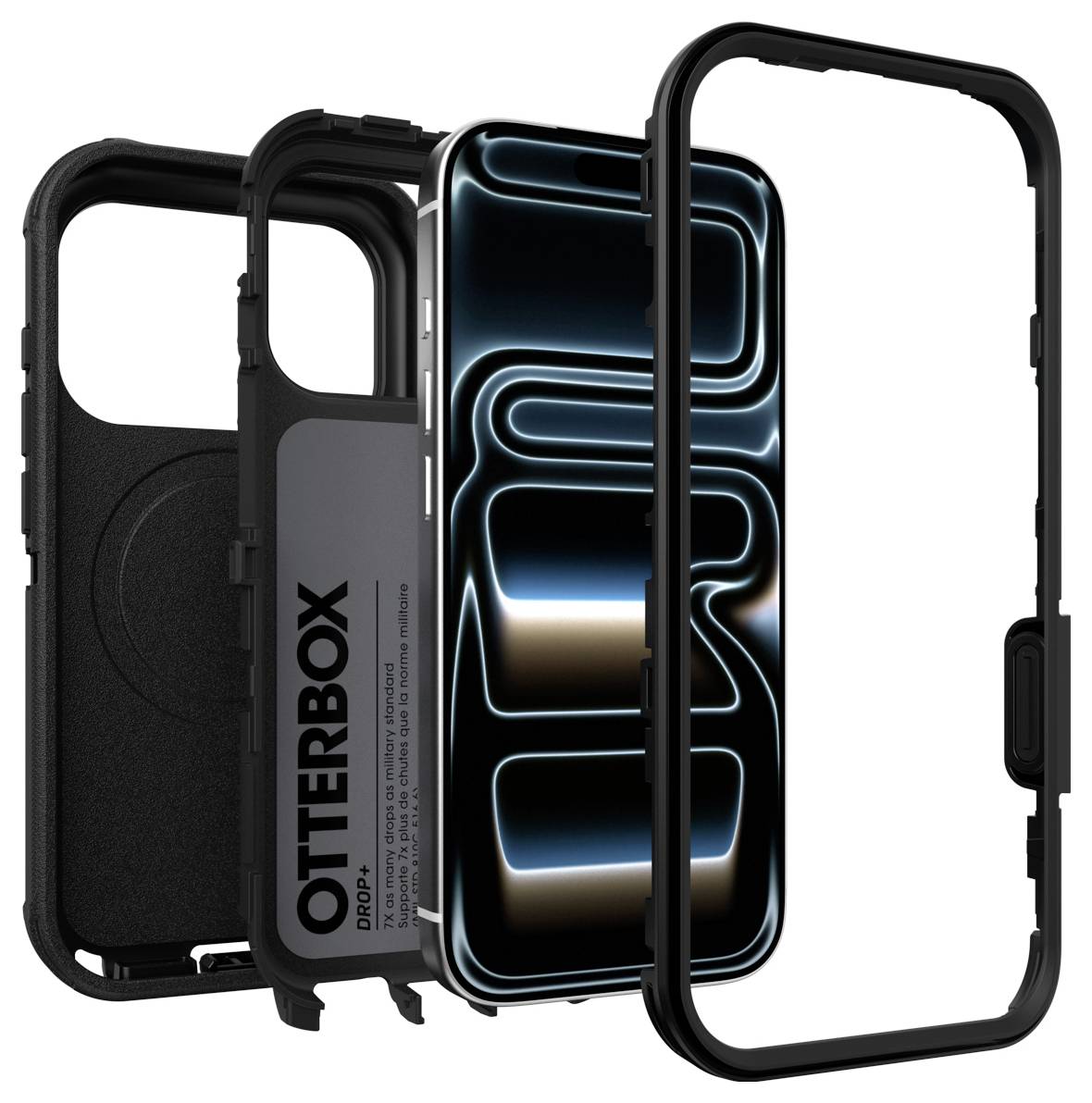 OtterBox-Handyhülle in Explosionszeichnung mit schwarzem Schutzrahmen, innerer Schale und Vorderabdeckung um ein Smartphone.