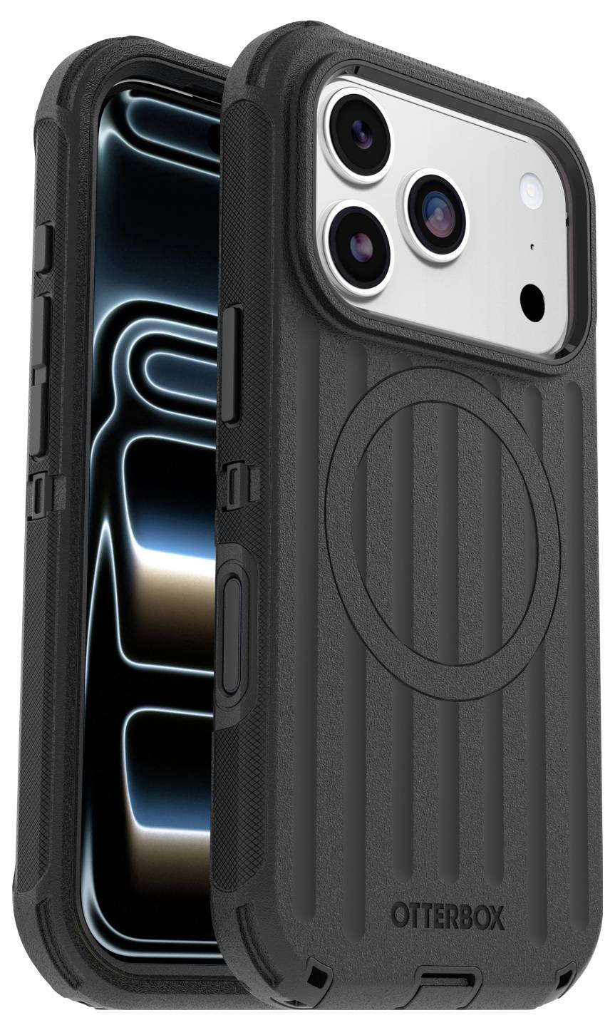 Zwei schwarze OtterBox iPhone-Schutzhüllen, von vorne und hinten gezeigt, mit einer Kameraaussparung und einem kreisförmigen MagSafe-ähnlichen Ring auf der rückwärtigen Hülle.