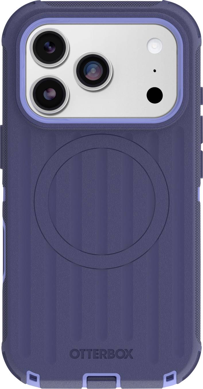 Blaue OtterBox-Handyhülle mit einem kreisförmigen MagSafe-ähnlichen Ring und Aussparungen für ein Triple-Kamera-iPhone auf der Rückseite.