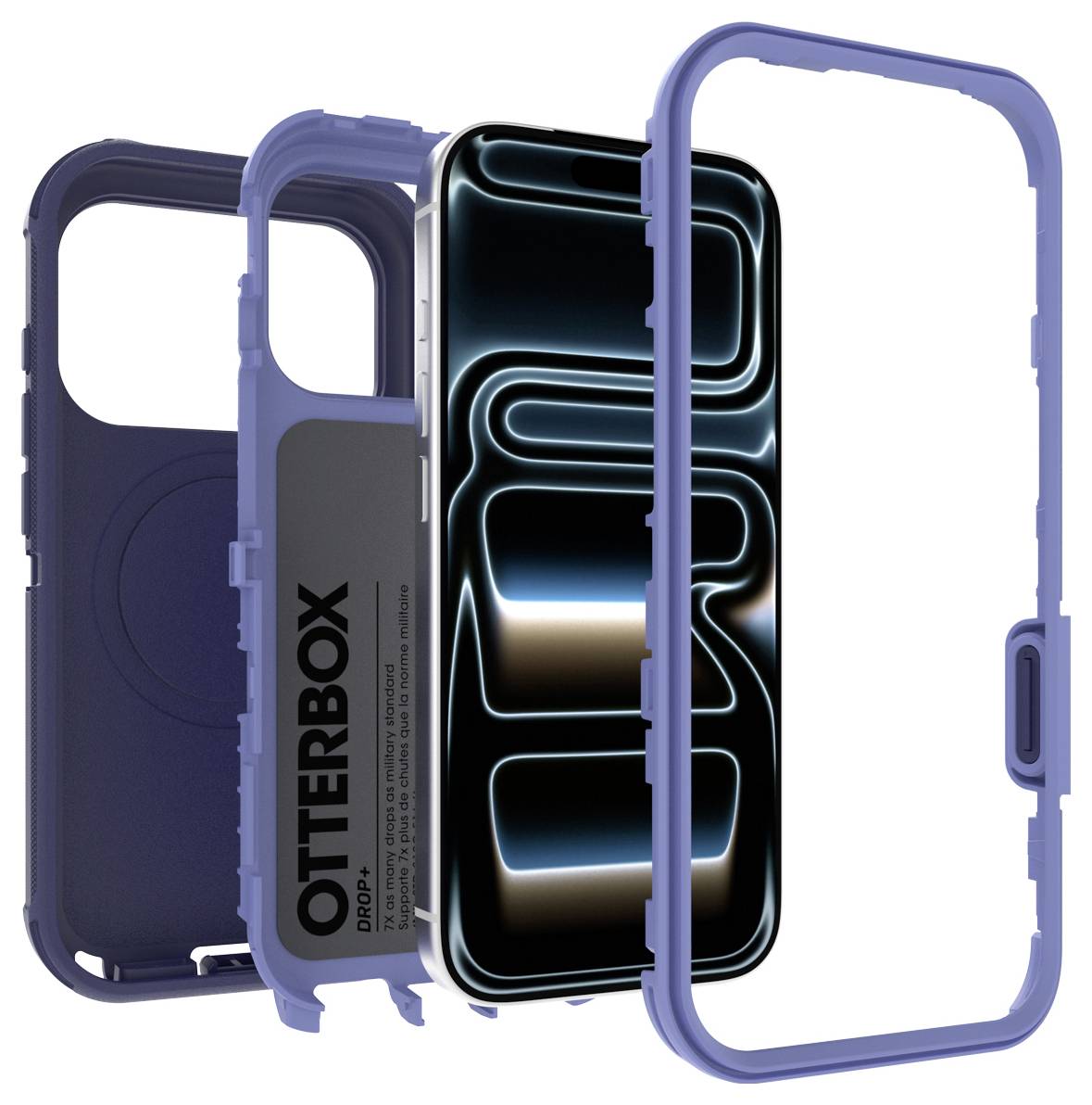 Exploded ansicht eines blauen OtterBox-Smartphone-Schutzhülle mit Außenrahmen, Innenschale und installiertem Telefonbildschirm.
