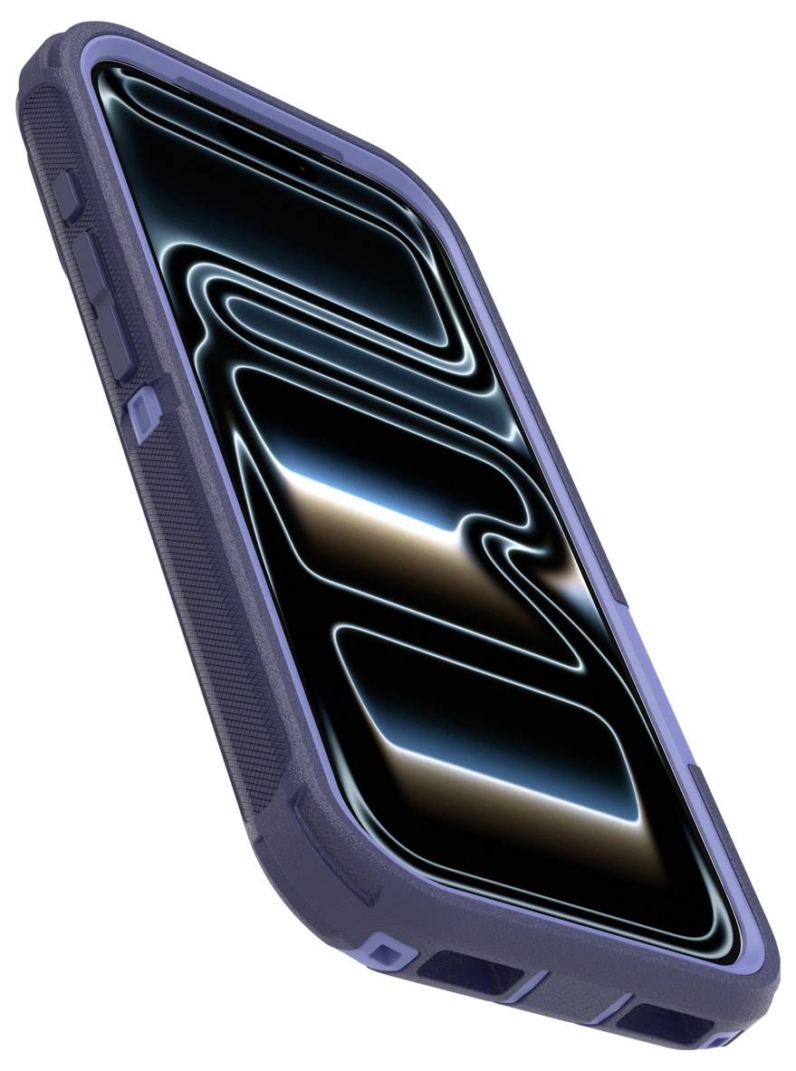 Robustes blaues Smartphone-Etui, in einem Winkel dargestellt, mit erhöhten Schutzkanten und strukturierten Seiten, die ein Telefondisplay umgeben.