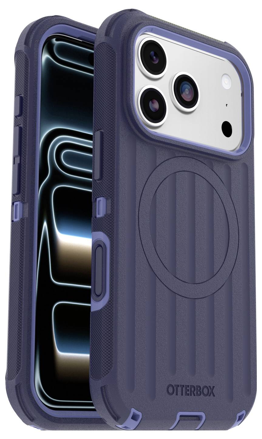 Zwei dunkelblau OtterBox-Handyhüllen von vorne und hinten gezeigt, mit erhöhtem Kameraschutz und einem kreisförmigen MagSafe-ähnlichen Ring auf der Rückseite.