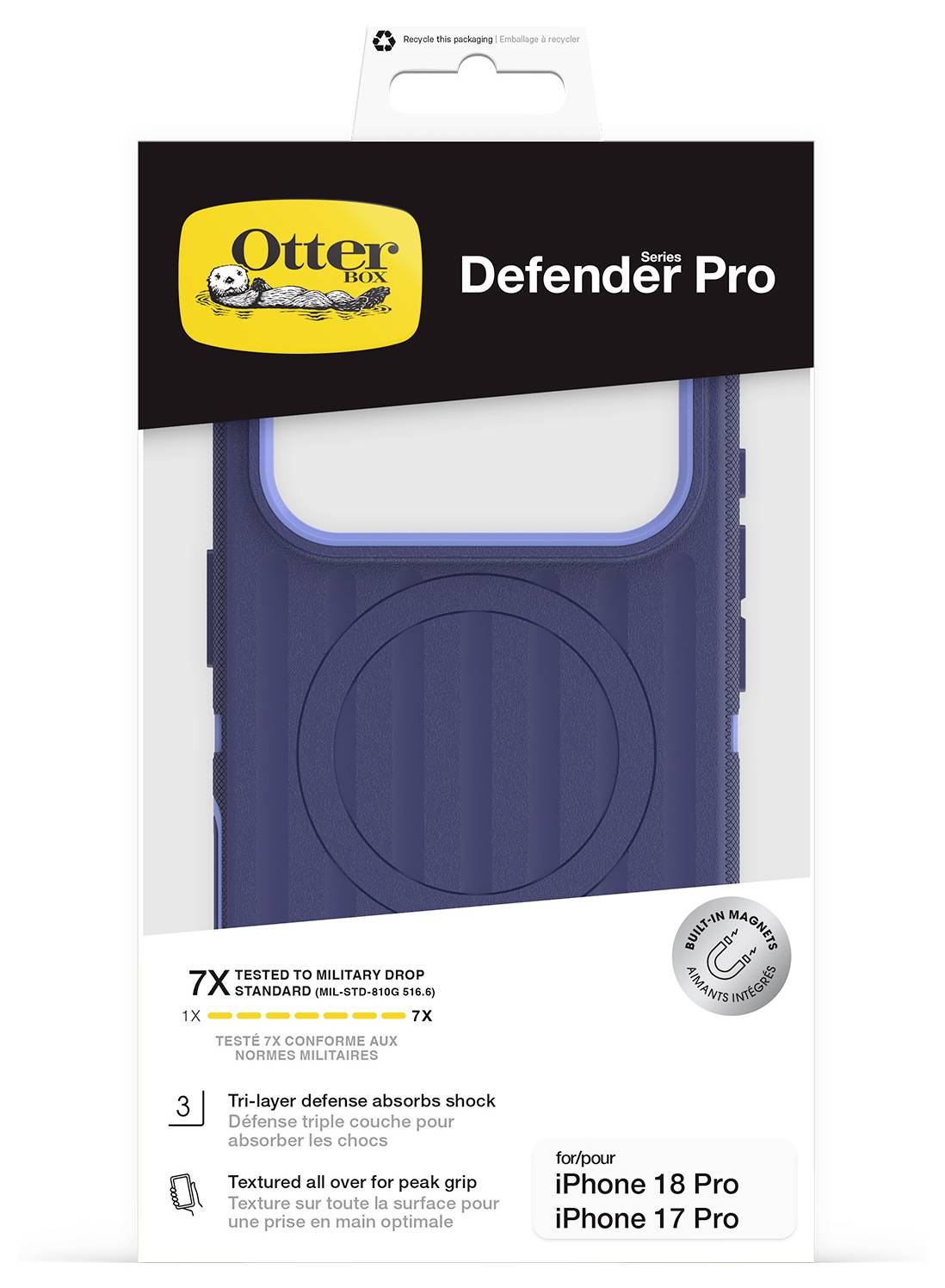 OtterBox Defender Series Pro Handyhülle Verpackung für iPhone 18 Pro und iPhone 17 Pro, zeigt ein blaues Etui mit Sturzschutzfunktionen.