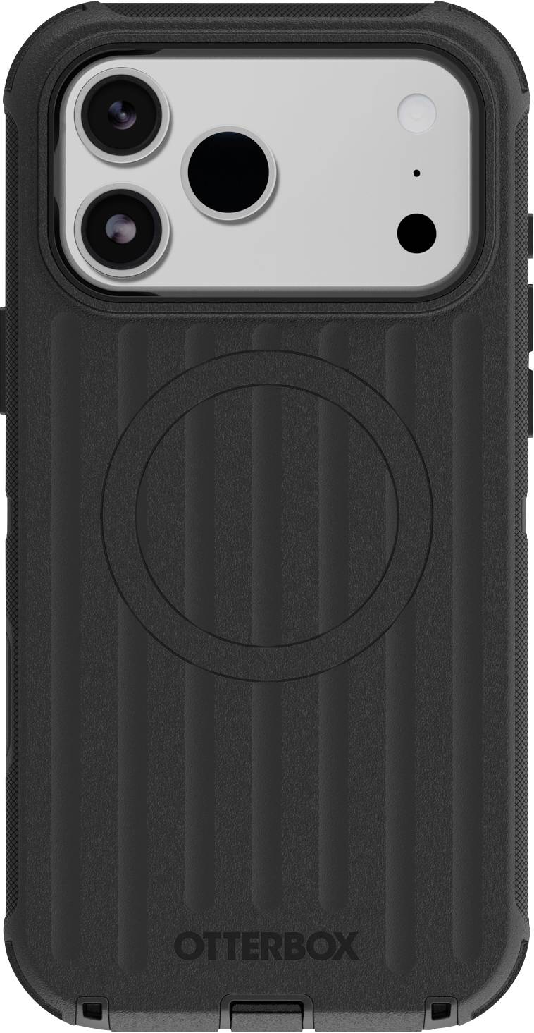 Schwarzes OtterBox-Telefoncase mit einem zentrierten MagSafe-Ring, gezeigt auf der Rückseite eines iPhones mit Dualkameras.