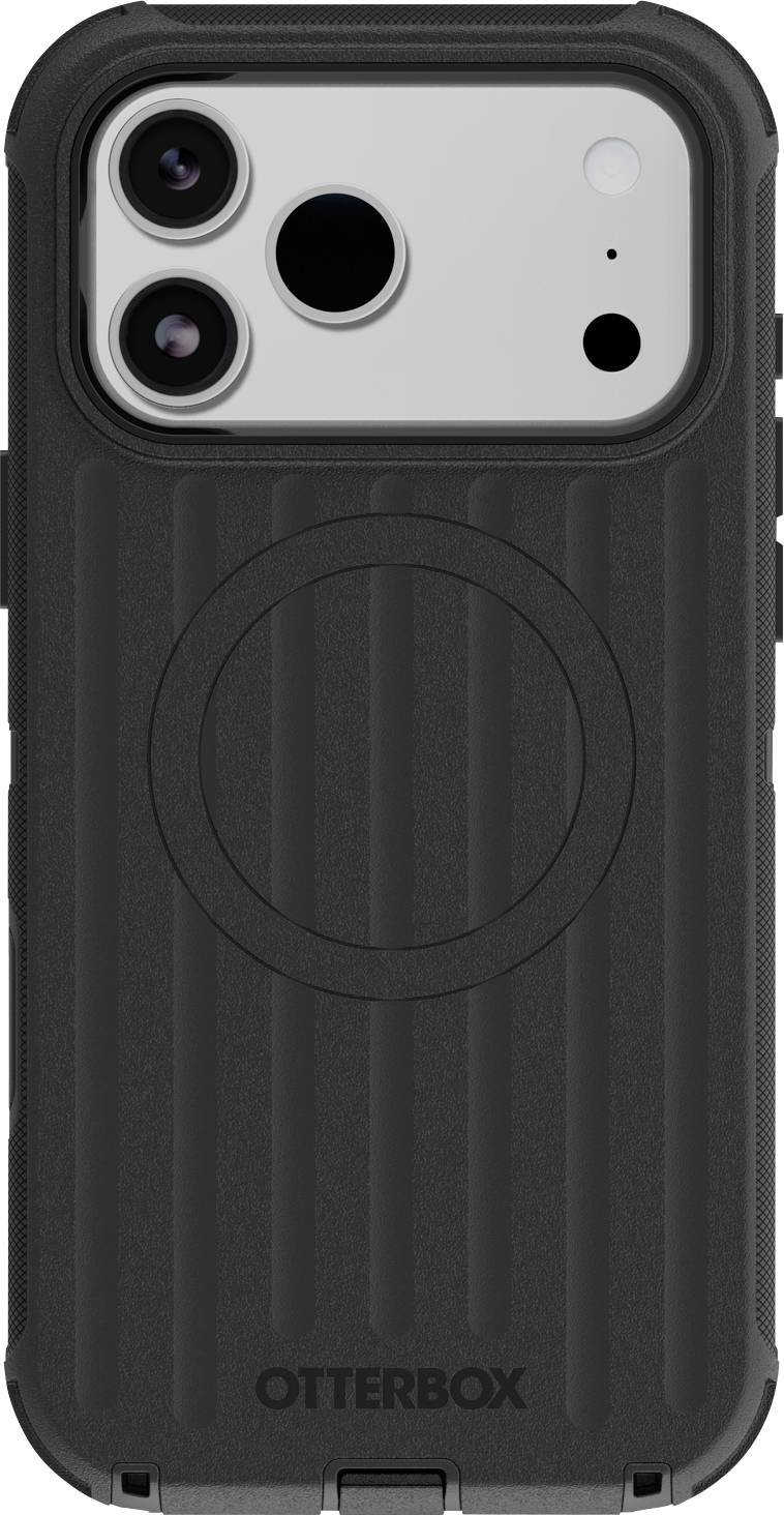Schwarze OtterBox-Handyhülle mit MagSafe-Ring, gezeigt auf der Rückseite eines iPhones mit Doppelkamera.