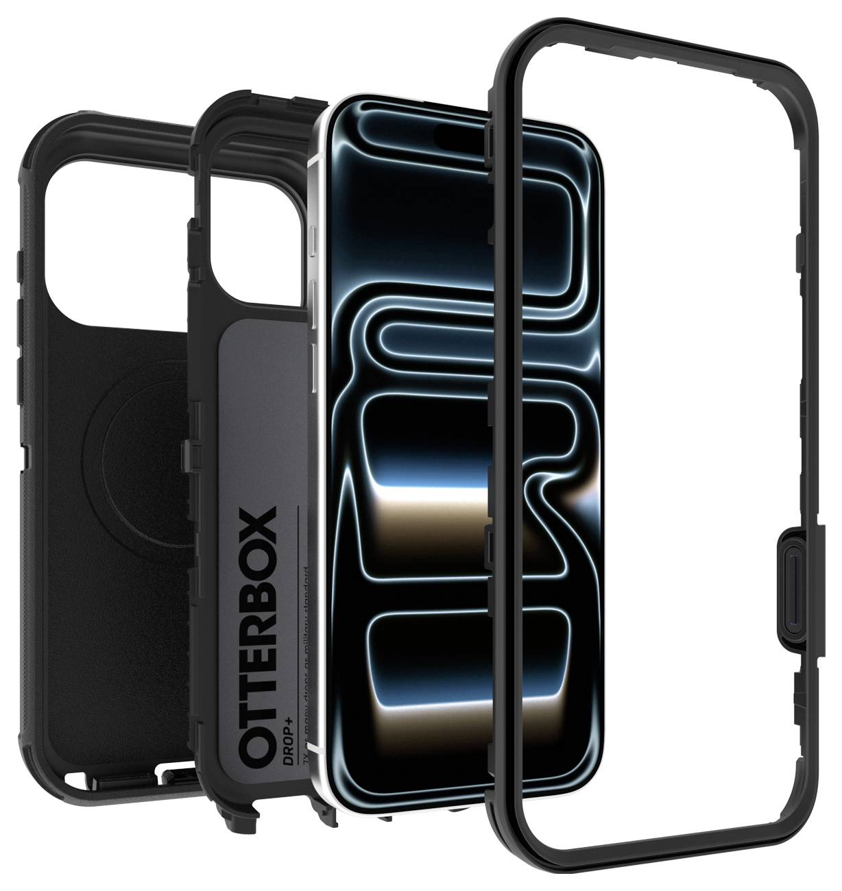 Explodierte Ansicht eines schwarzen OtterBox-Handyhutens, der die geschichteten Schutzteile rund um ein Smartphone zeigt, einschließlich innerer Schale und äußerem Rahmen.