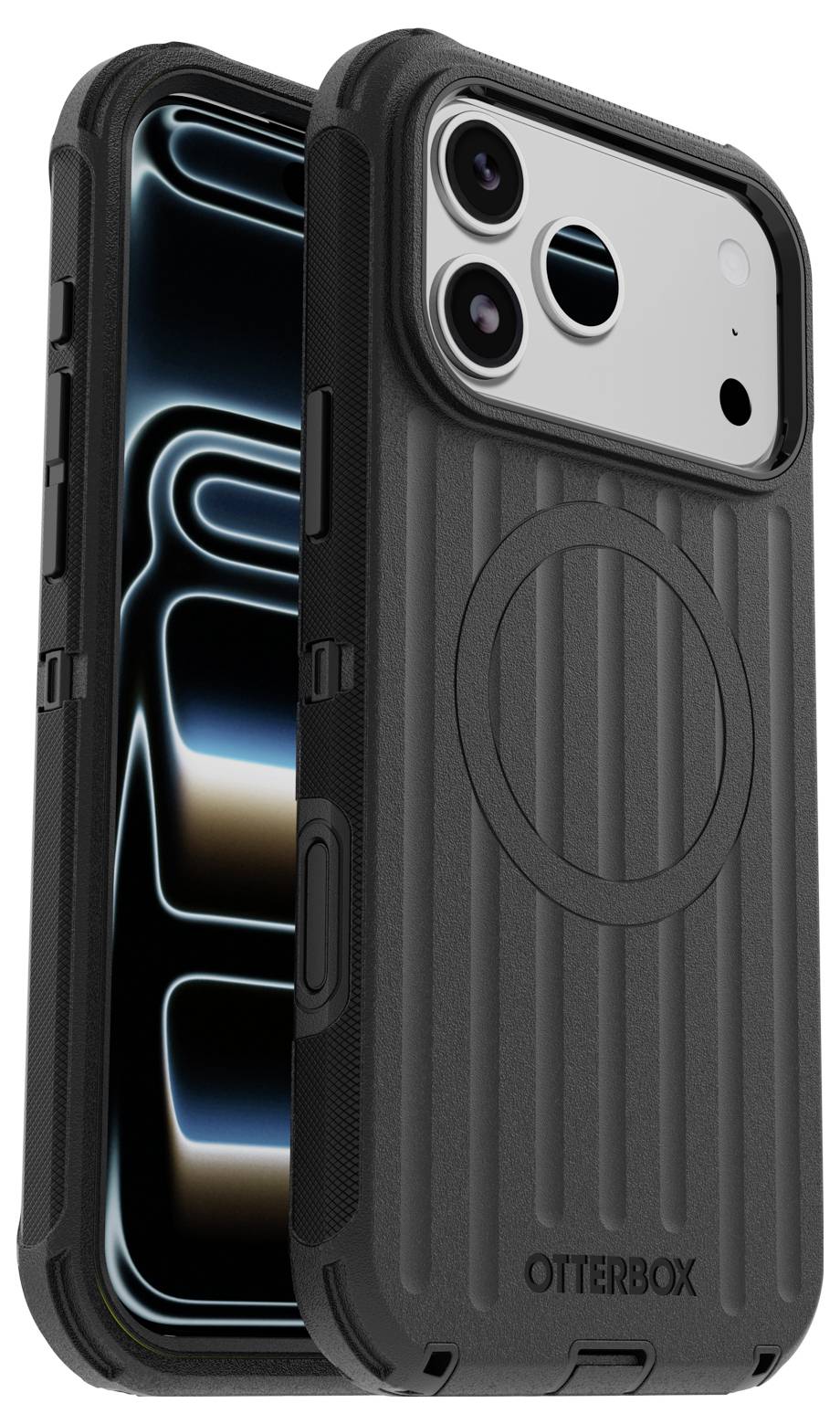 Zwei robuste OtterBox-Handyhüllen von vorne und hinten gezeigt, schwarz mit strukturiertem Griff und erhöhtem Kameraschutz.
