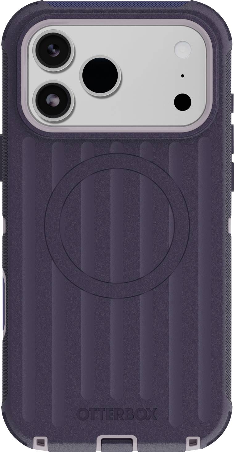 Violettes OtterBox iPhone-Gehäuse von hinten gezeigt, mit MagSafe-Ring und Ausschnitten für Dual-Kameras, Blitz und Sensoren.