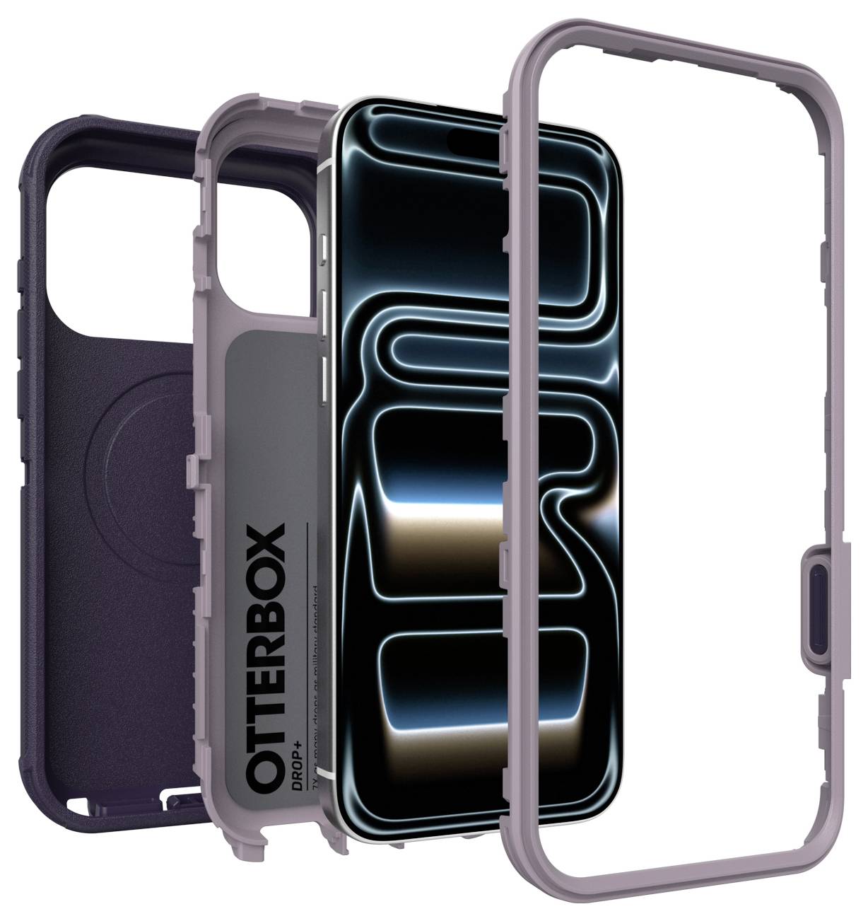 Explodierte Ansicht einer OtterBox-Smartphone-Schutzhülle, die die Rückenschale, die innere Schicht, das Telefon und die äußere Stoßstange in Lila und Grau zeigt.