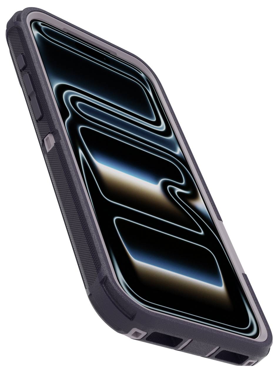 Schrägansicht eines schwarzen robusten Smartphone-Schutzhüllengehäuses mit erhöhten Kanten, dargestellt auf weißem Hintergrund.