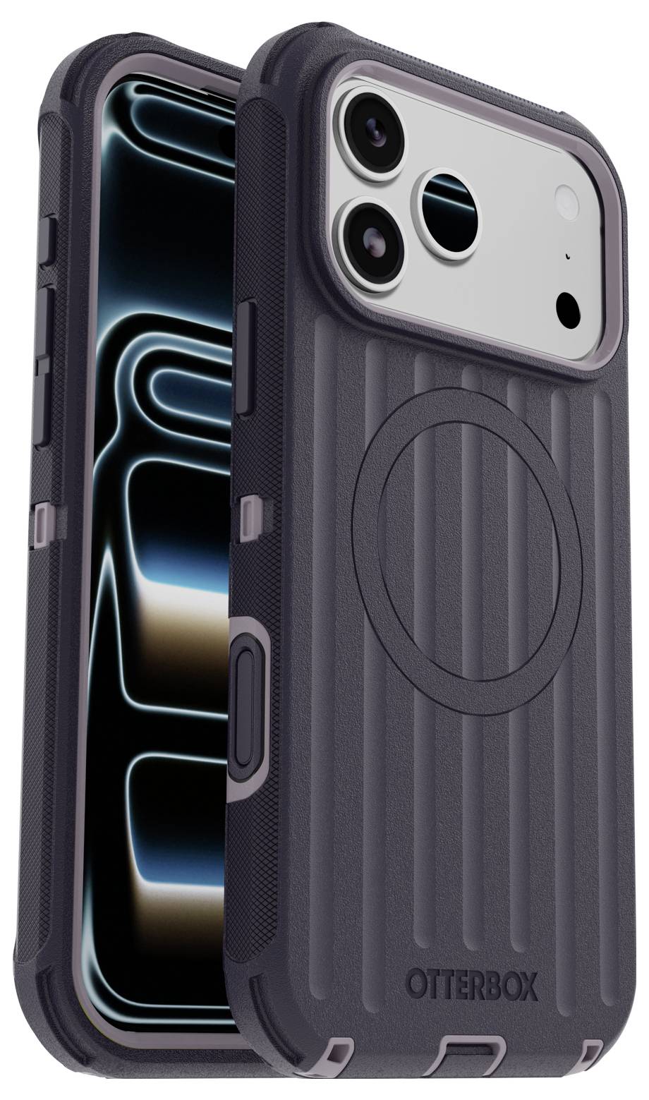 Zwei iPhones in OtterBox-Hüllen, von vorne und hinten gezeigt, mit einer dunkelgrauen robusten strukturierten Hülle und integriertem MagSafe-Ring.