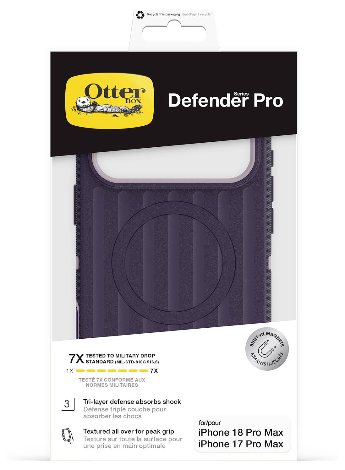OtterBox Defender Series Pro Handyhülle für iPhone 18 Pro Max und iPhone 17 Pro Max, zeigt eine violette Schutzhülle und militärische Falltest-Ansprüche.