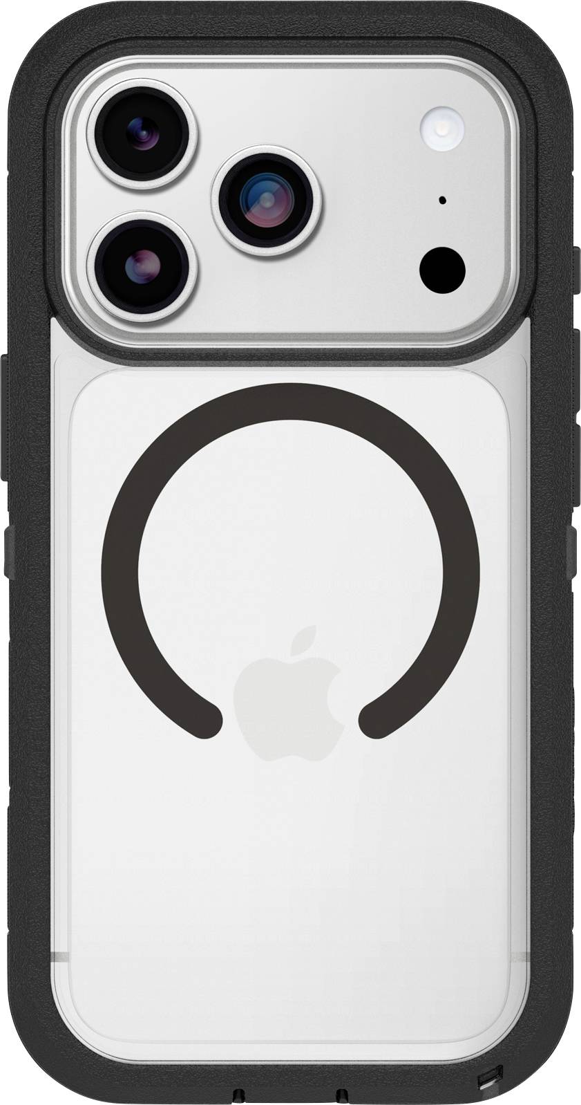 Rückansicht eines iPhones mit schwarzem Schutzetui, das das Triple-Kamera-Modul und den zentrierten MagSafe-Ring zeigt.