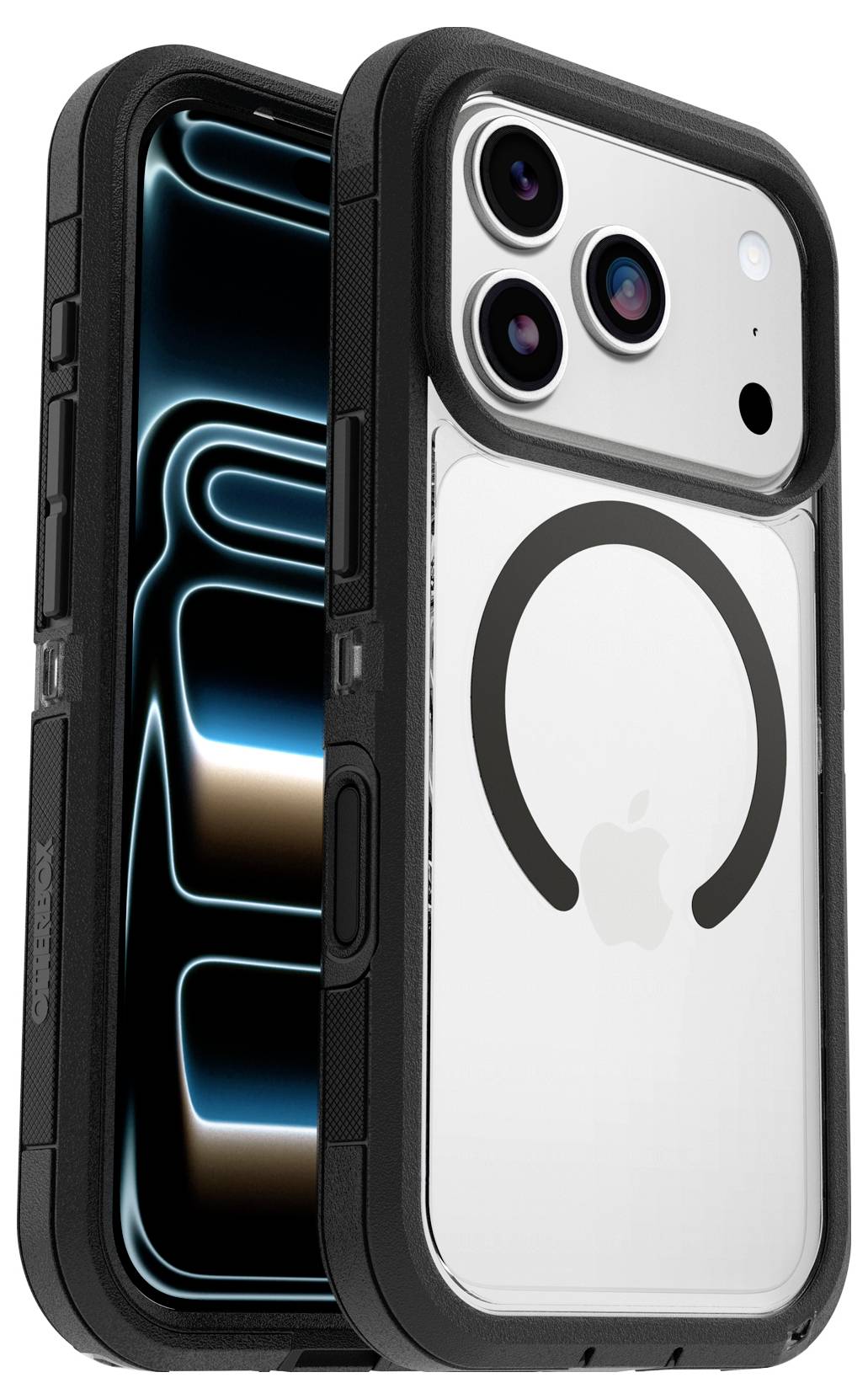 Zwei iPhones in robusten schwarzen Schutzhüllen, Vorder- und Rückansicht, mit einem klaren MagSafe-ähnlichen Kreis auf der Rückseite der Hülle.
