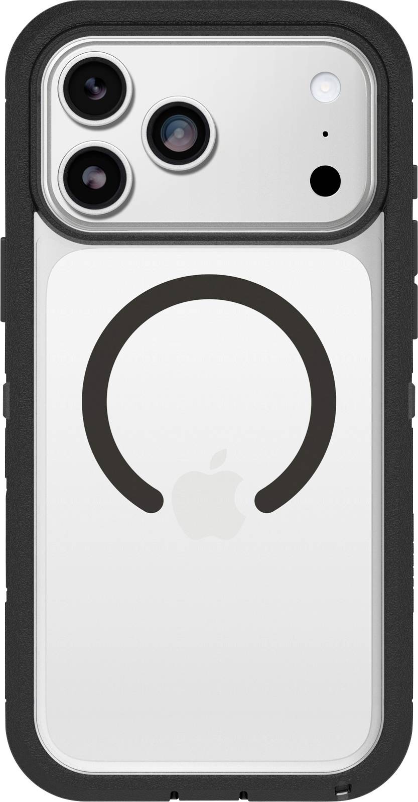 Rückansicht eines iPhones in einer schwarzen Schutzhülle, die dreifache rückseitige Kameras, einen Blitz und einen zentrierten kreisförmigen MagSafe-Ring auf der weißen Rückseite des Telefons zeigt.