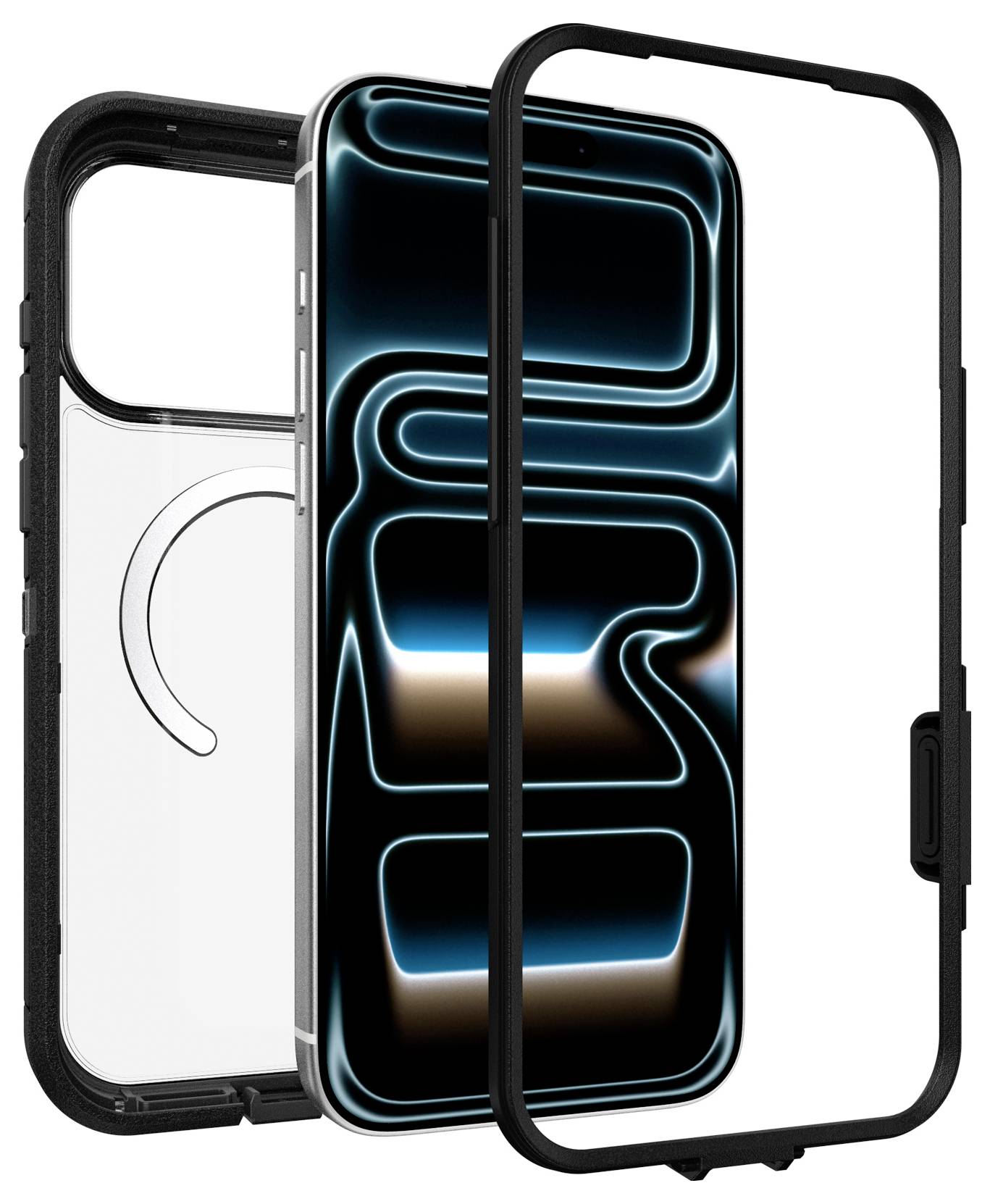 Drei schwarze Handyhüllen, die um ein Smartphone herum angeordnet sind und das Schutzgehäuse-Design mit erhöhten Bumper-Rahmen auf der Vorder- und Rückseite demonstrieren.