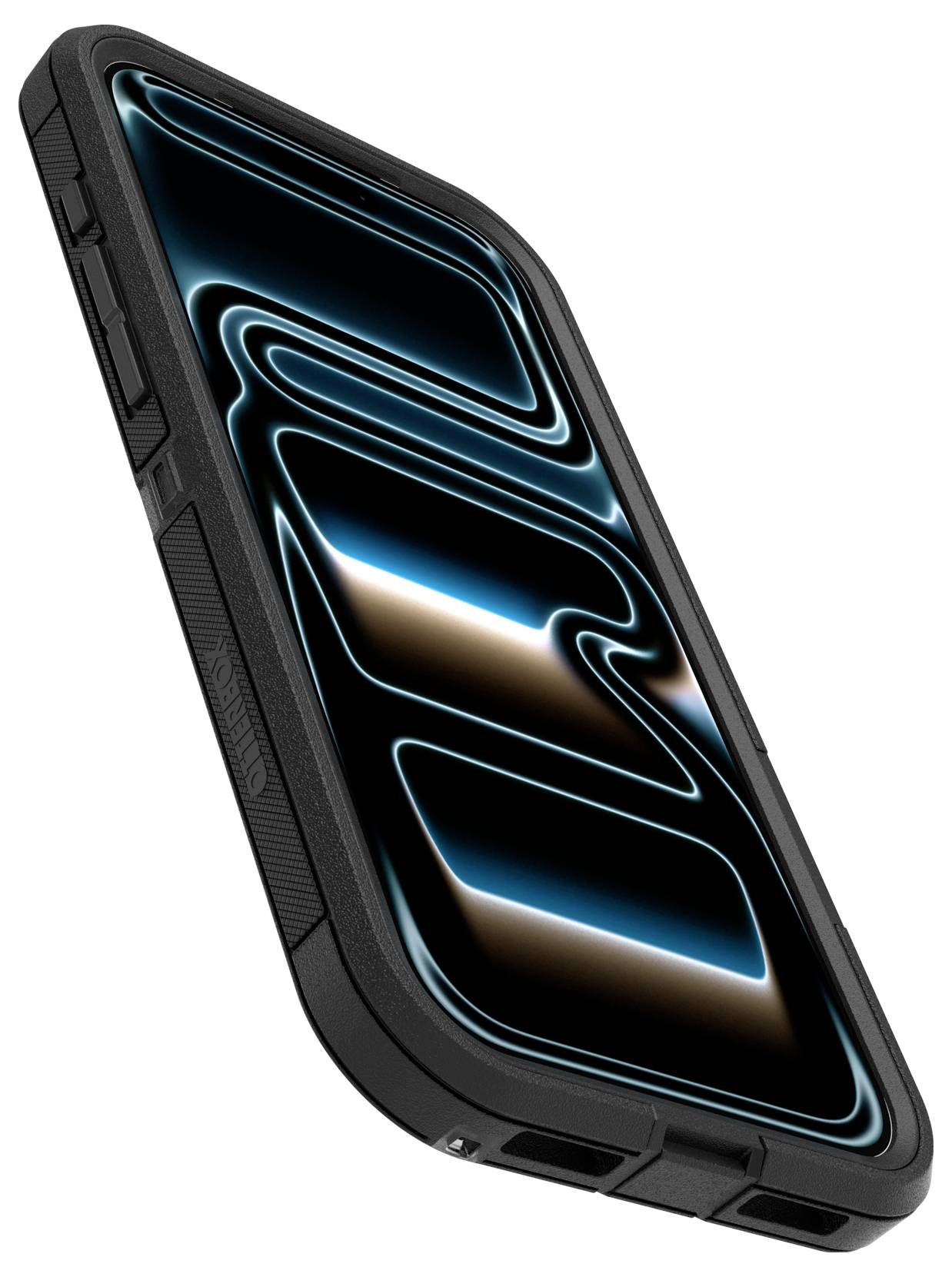 Angewinkeltes robustes schwarzes Smartphone oder Gehäuse mit leuchtendem blauem abstraktem Bildschirmdesign auf weißem Hintergrund.