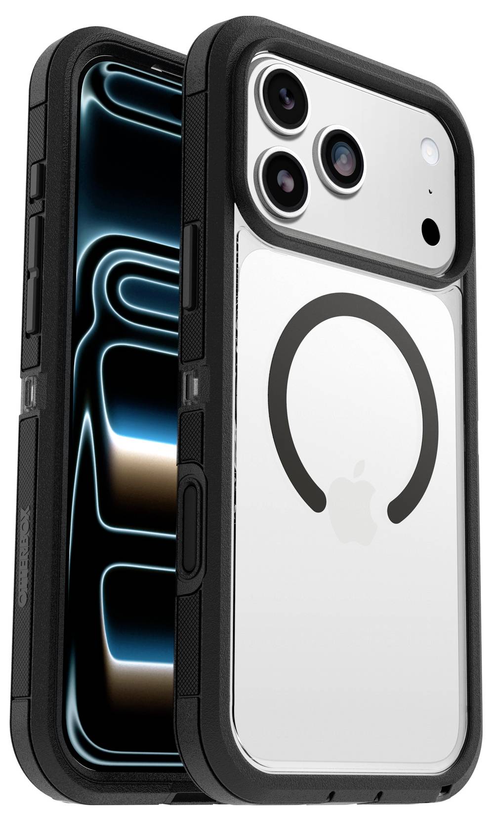 Zwei Smartphones in Schutzhüllen, Vorder- und Rückansichten, eines mit leuchtender Anzeige und das andere mit einem MagSafe-ähnlichen Ring.