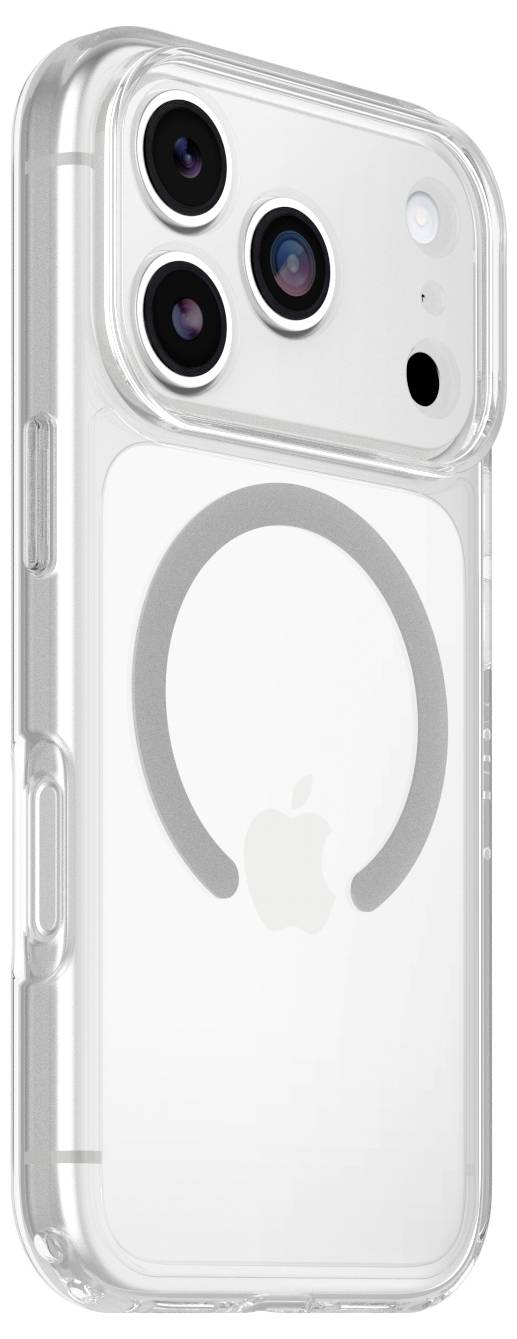 Durchsichtige iPhone-Schutzhülle mit MagSafe-Ring, dargestellt auf der Rückseite eines weißen iPhone 16 Pro mit dreifacher Rückkamera.
