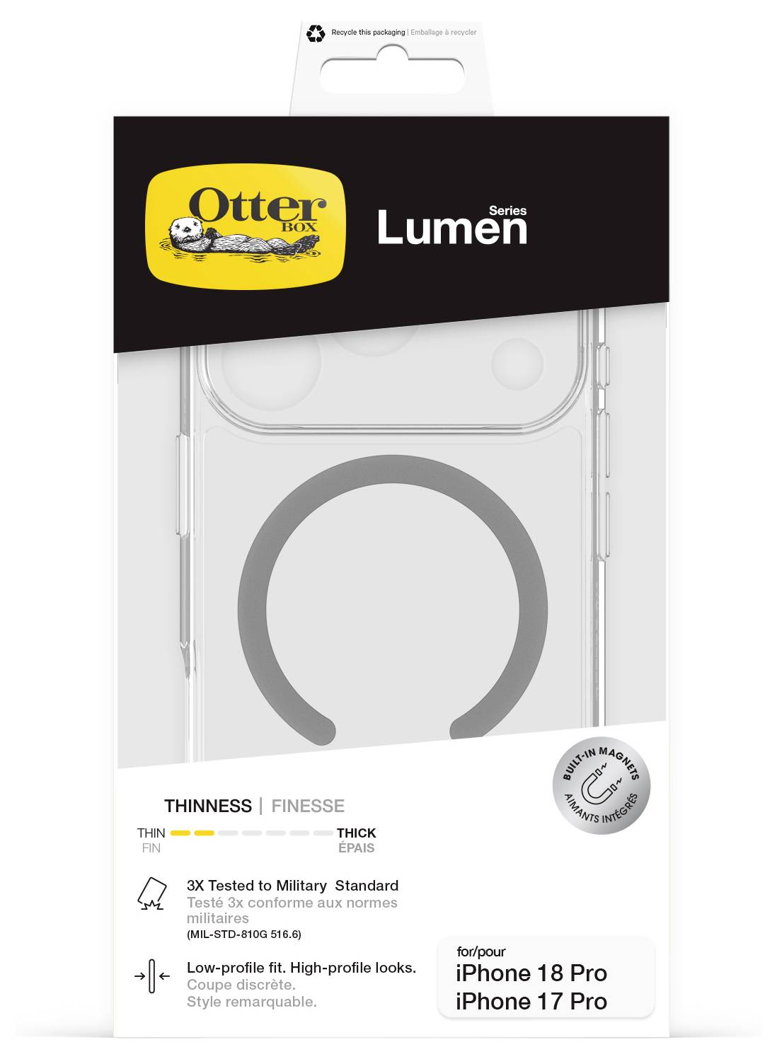 Verpackung für OtterBox Lumen Handyhülle für iPhone 18 Pro und iPhone 17 Pro, mit Hervorhebung der Dünnheit, militärischem Fallschutz und MagSafe-Kompatibilität.