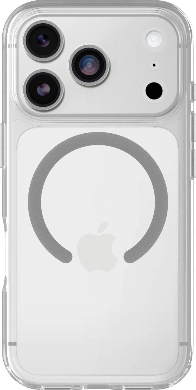 Durchsichtige Handyhülle mit MagSafe-Ring, auf der Rückseite eines weißen iPhones mit dreifacher Kameraobjektiv-Anordnung gezeigt.