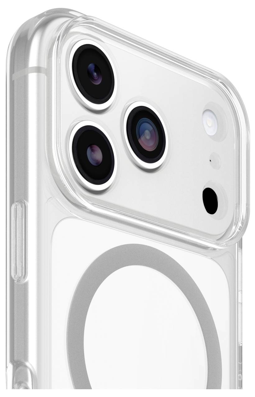 Nahaufnahme eines transparenten iPhone-Schutzkases, der das hintere Kameracluster und den MagSafe-Ring auf einem weißen Telefon zeigt.
