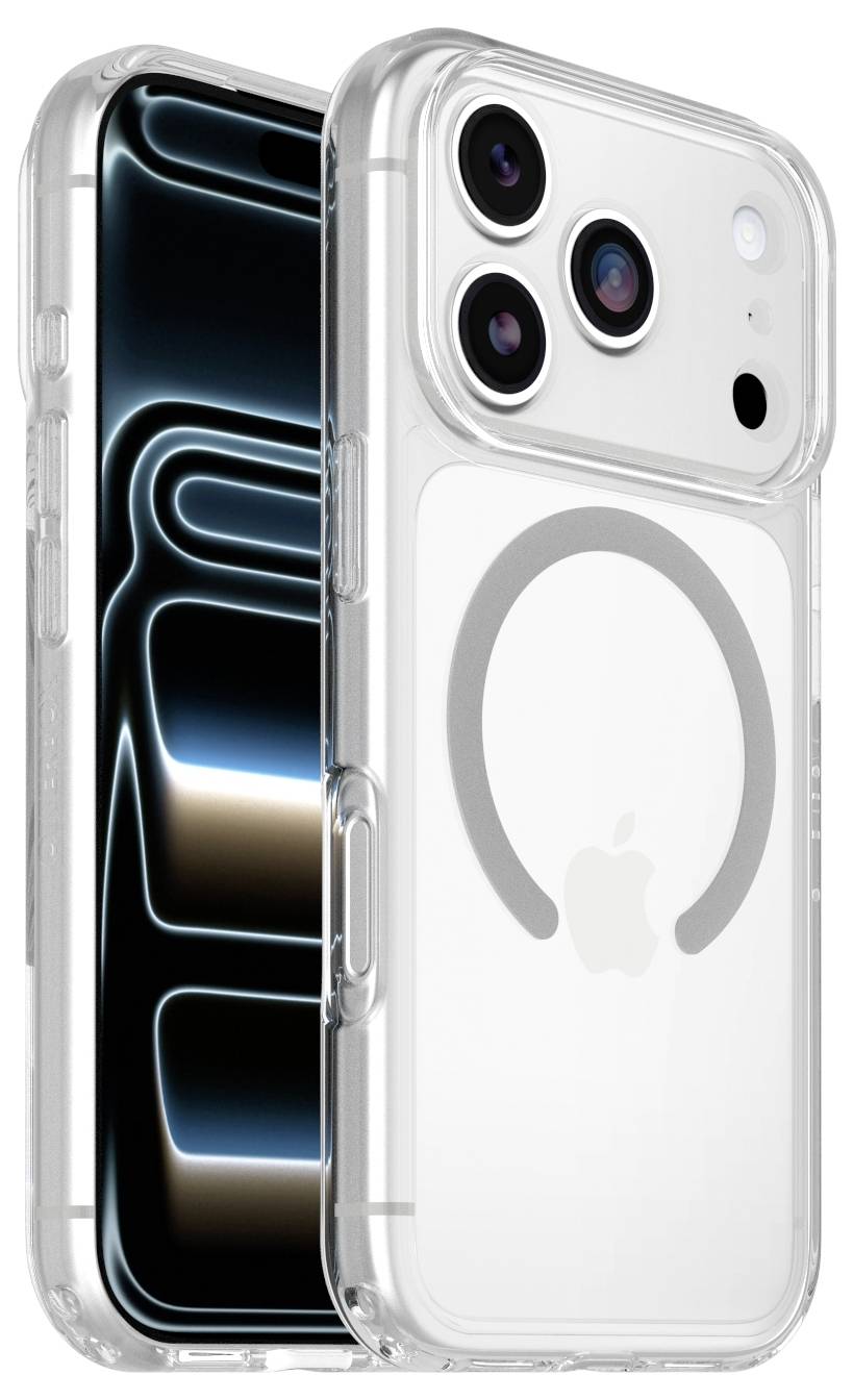 Zwei iPhones in transparenten Schutzhüllen, eines zeigt das vordere Display und eines die Rückseite mit Triple-Kamera und MagSafe-Kreis.