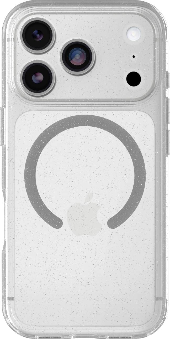Rückseite eines transparenten iPhone-Schutzkases mit dem Triple-Kamera-Cluster und einem MagSafe-Ring, der auf dem Apple-Logo zentriert ist.