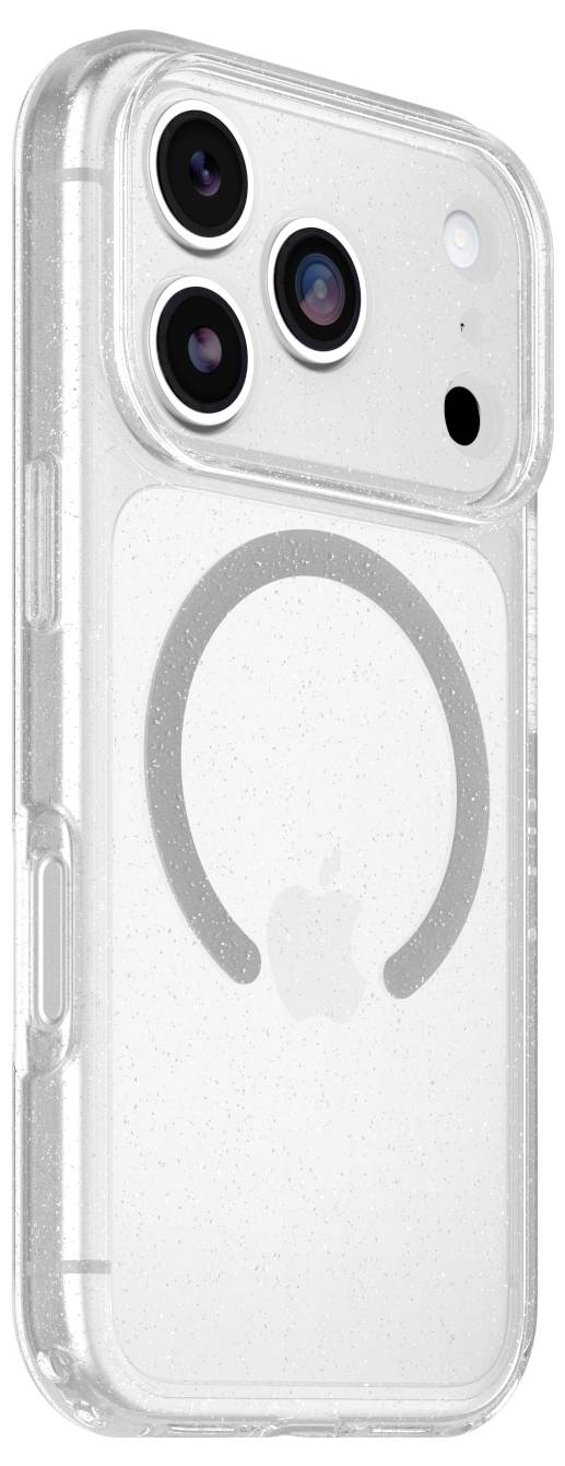 Transparente iPhone-Hülle mit MagSafe-Ring und dreifachem Kameraausschnitt auf weißem Hintergrund.