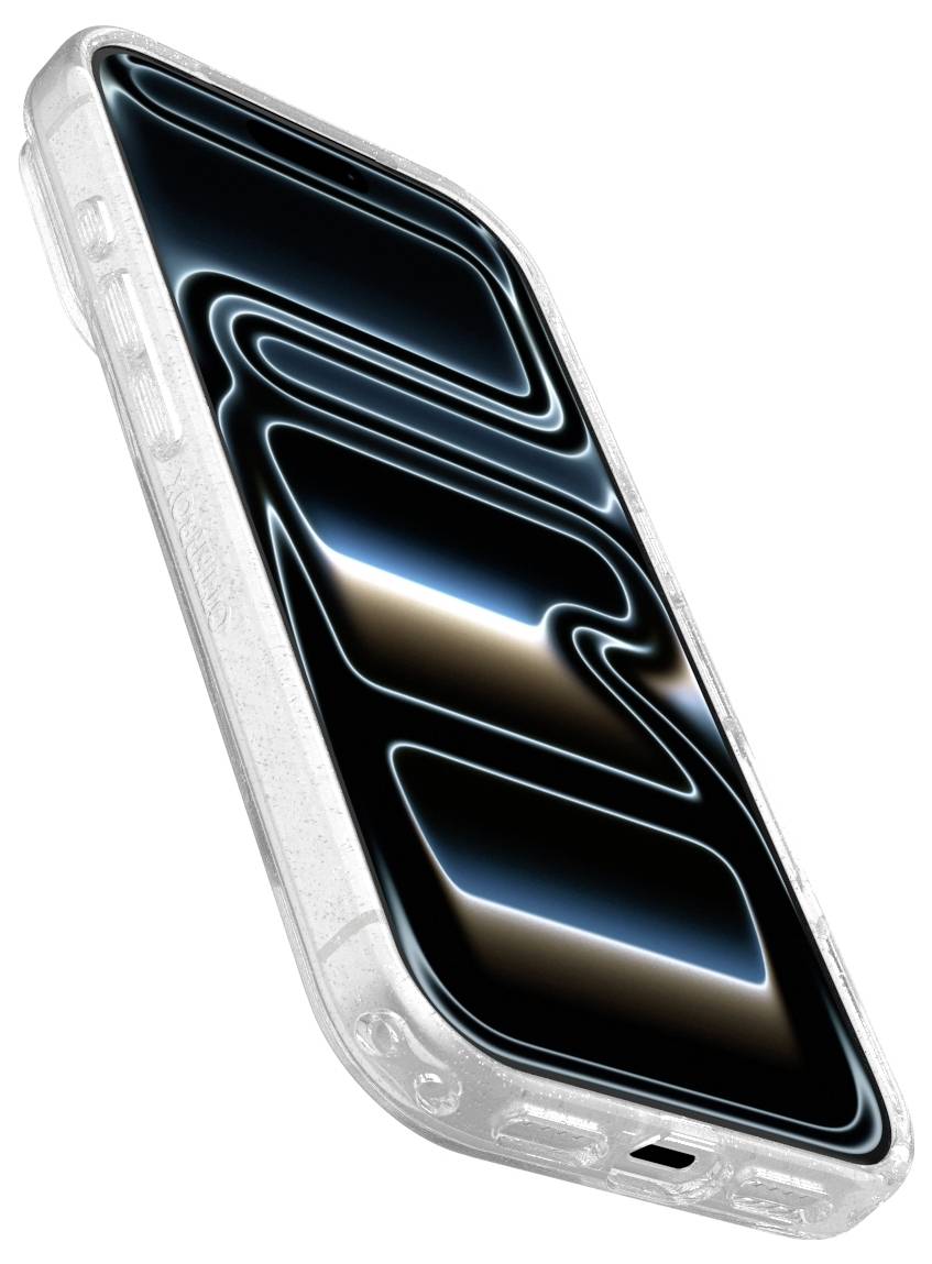 Ein geneigtes Smartphone mit einer transparenten Schutzhülle, das ein blaues abstraktes leuchtendes Wellen-Hintergrundbild auf dem Bildschirm zeigt.