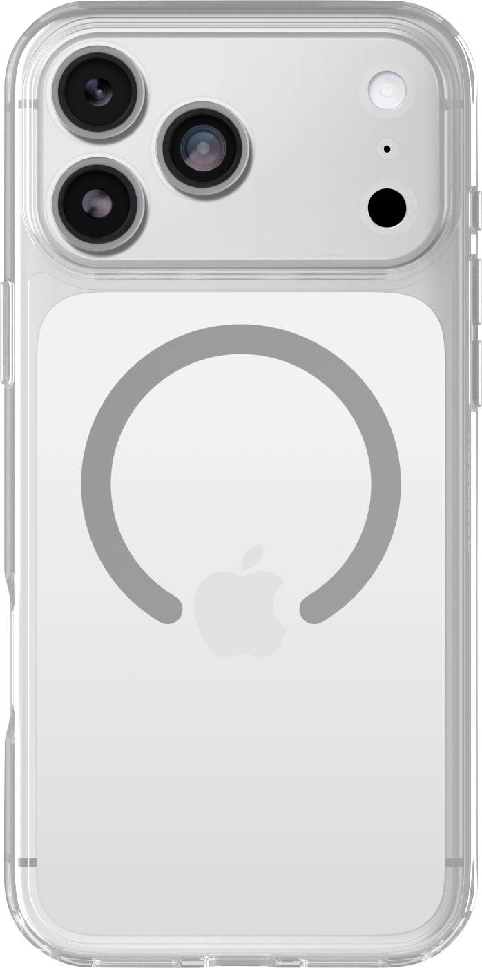 Durchsichtiges iPhone-Hülle auf der Rückseite eines silbernen iPhones mit dreifachen Kameraobjektiven, MagSafe-Ring und sichtbarem Apple-Logo.
