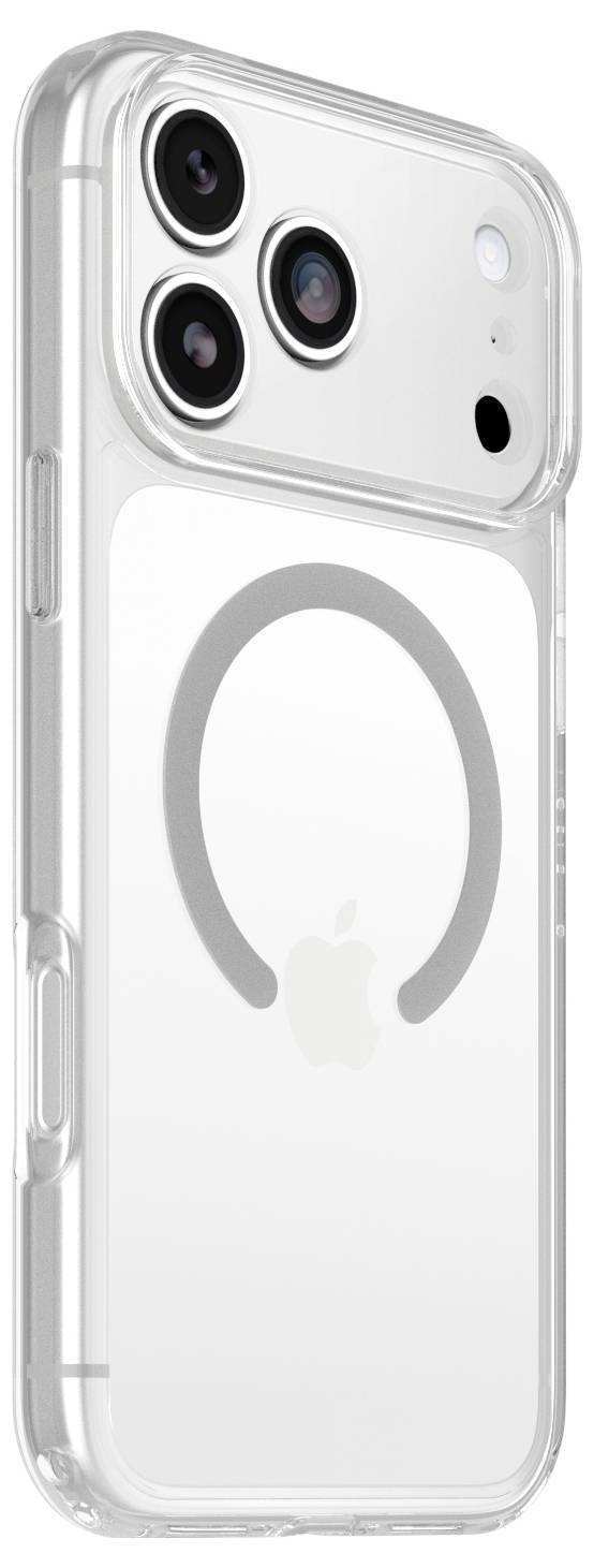 Transparentes iPhone-Gehäuse mit MagSafe-Ring und Apple-Logo, gezeigt auf der Rückseite eines Telefons mit drei Kameralinsen.