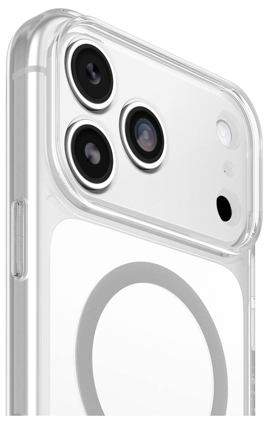Nahaufnahme einer transparenten Handyhülle auf einem Smartphone, die die hinteren Kameraobjektive und den Laderings durch die durchsichtige Abdeckung zeigt.