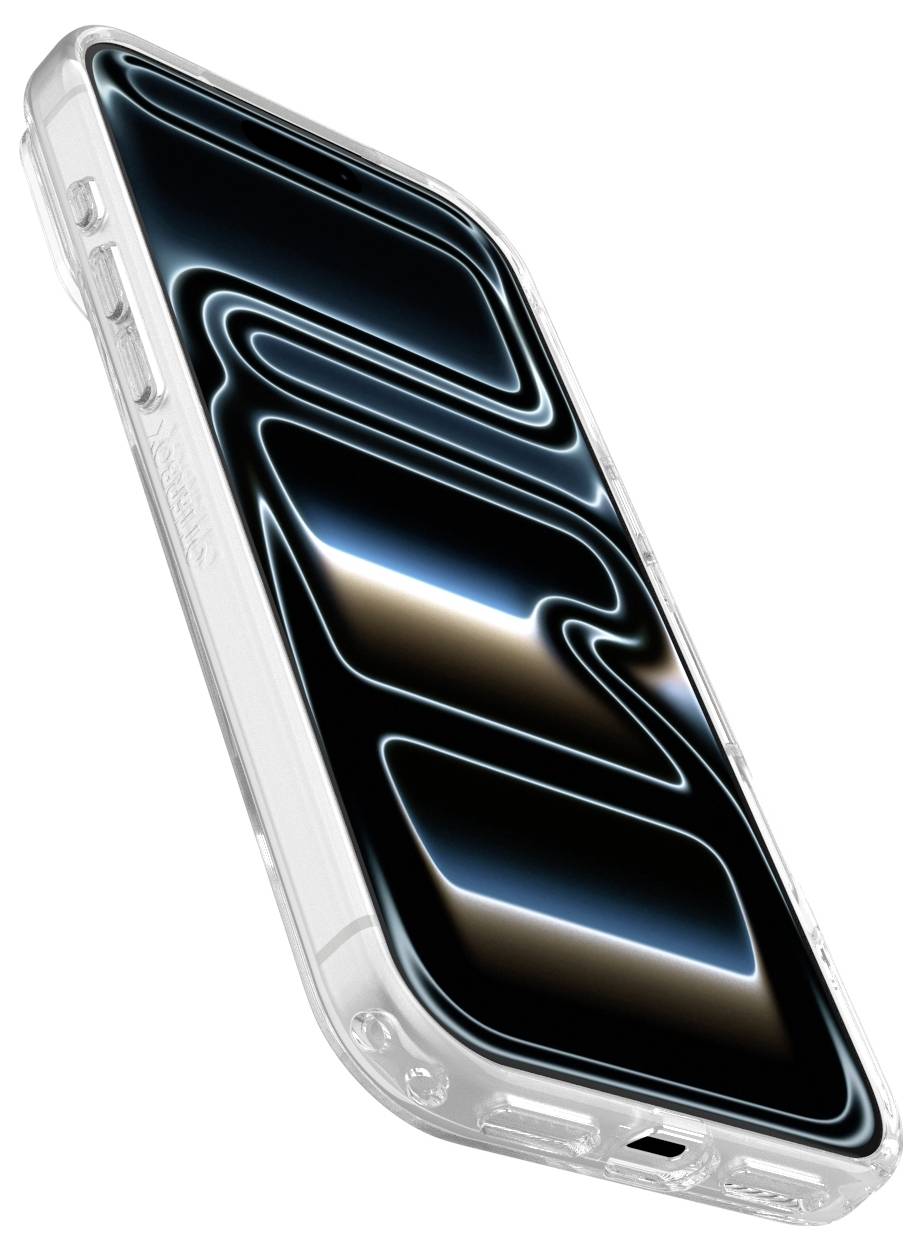Ein Smartphone, das in einem durchsichtigen Schutzcase in einem Winkel gezeigt wird, mit einem leuchtenden abstrakten blau-schwarzen Bildschirmdesign.
