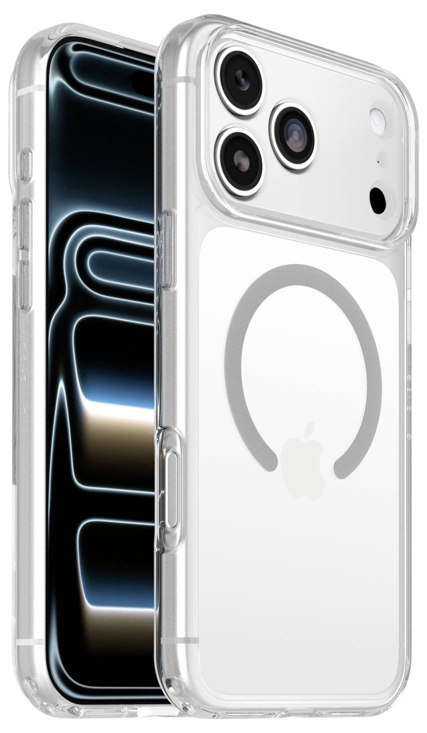 Zwei transparente iPhones, die von vorne und hinten gezeigt werden, mit einem weißen Modell mit dreifacher Hintergrundkamera und MagSafe-Ring, neben einem Telefon mit schwarzem Bildschirm.