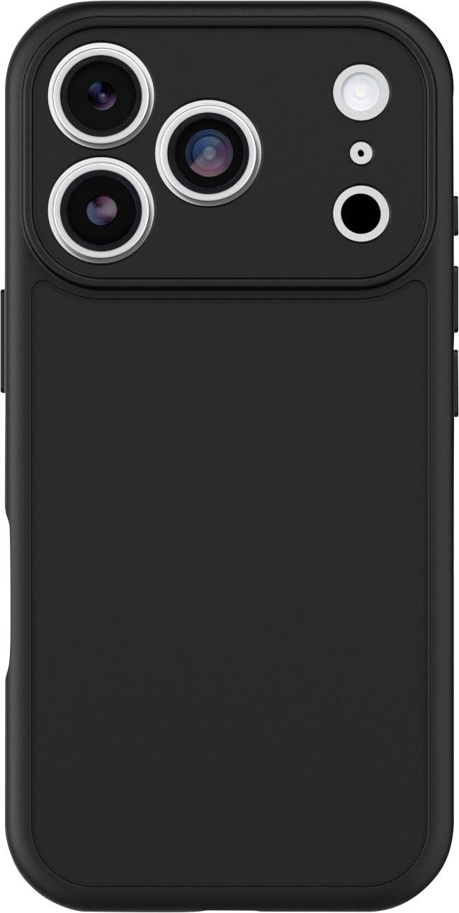 Schwarze Smartphonehülle mit erhabener Dreifach-Kamera-Aussparung und Blitzöffnung auf der Rückseite.