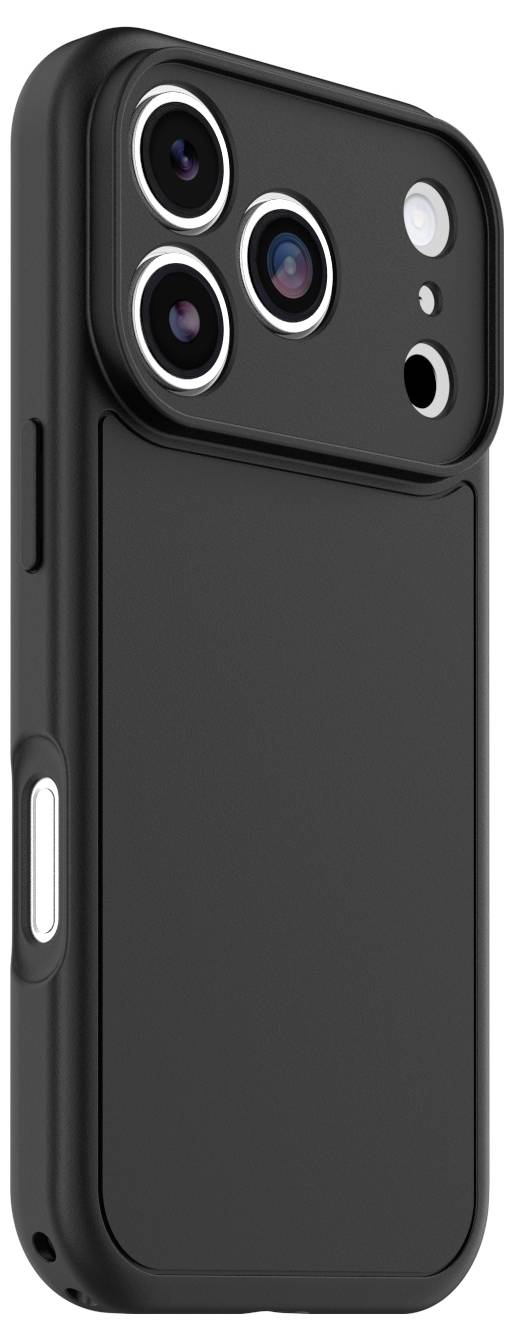 Schwarze Smartphone-Schutzhülle mit großem Kameraausschnitt und Seitentastenabdeckung, von hinten auf weißem Hintergrund gezeigt