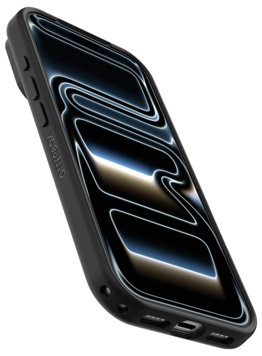 Schwarzes iPhone-ähnliches Telefon in einer Schutzhülle, in einem Winkel dargestellt, mit einem leuchtenden blauen abstrakten Bildschirmdesign auf weißem Hintergrund.
