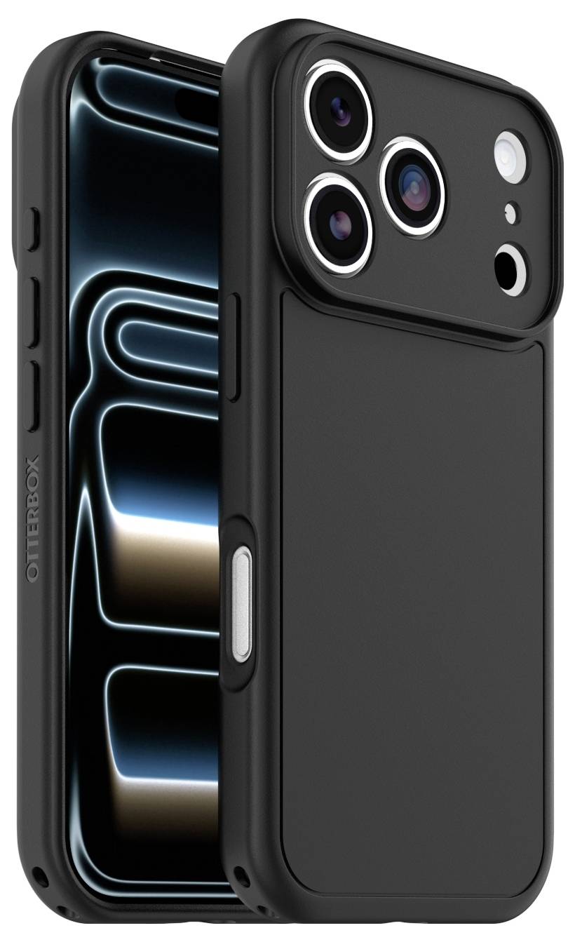 OtterBox Handyhülle in Schwarz, von vorne und hinten auf einem Smartphone abgebildet, mit erhöhter Dreifach-Kameraaussparung und Seitenschaltflächenabdeckung.