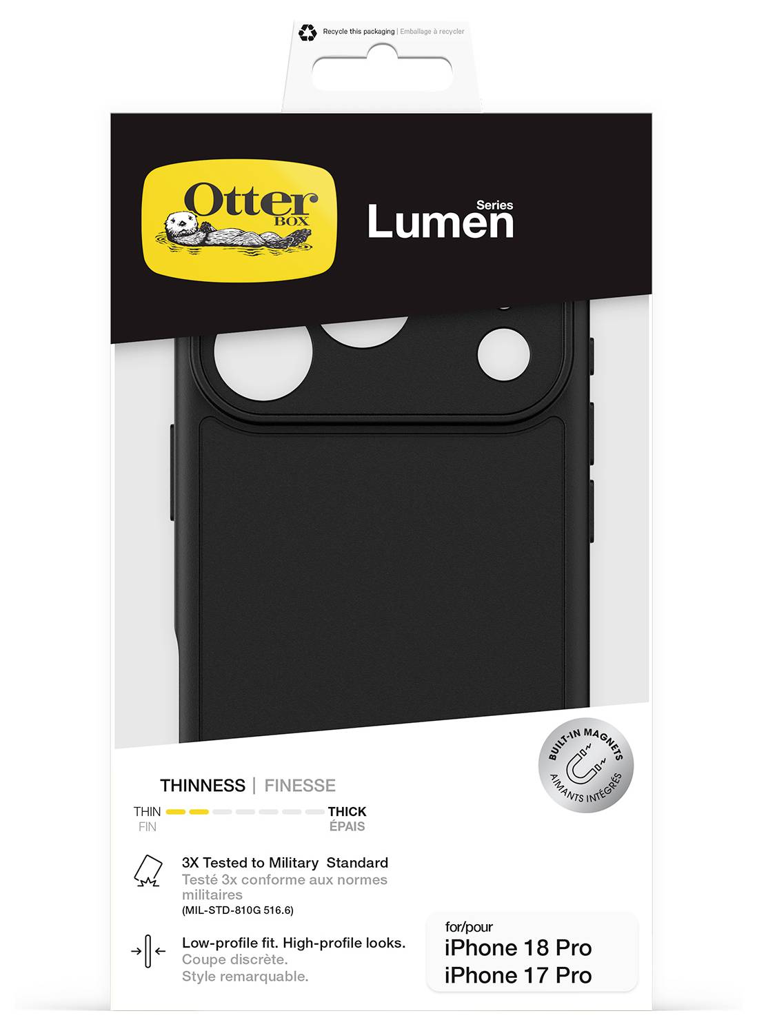 OtterBox Lumen Handyhüllen-Verpackung für iPhone 18 Pro und iPhone 17 Pro mit einer schwarzen Hülle und Produktmerkmalen wie Dünnheit und Fallschutz nach Militärstandard.