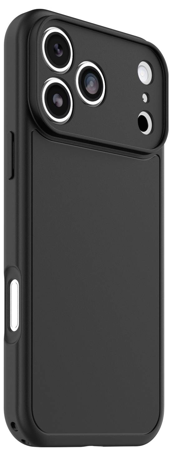 Schwarze Smartphone-Schutzhülle mit erhabenen dreifachen Kameraausschnitten, Seitentastenabdeckung und großem Rückenpanel.