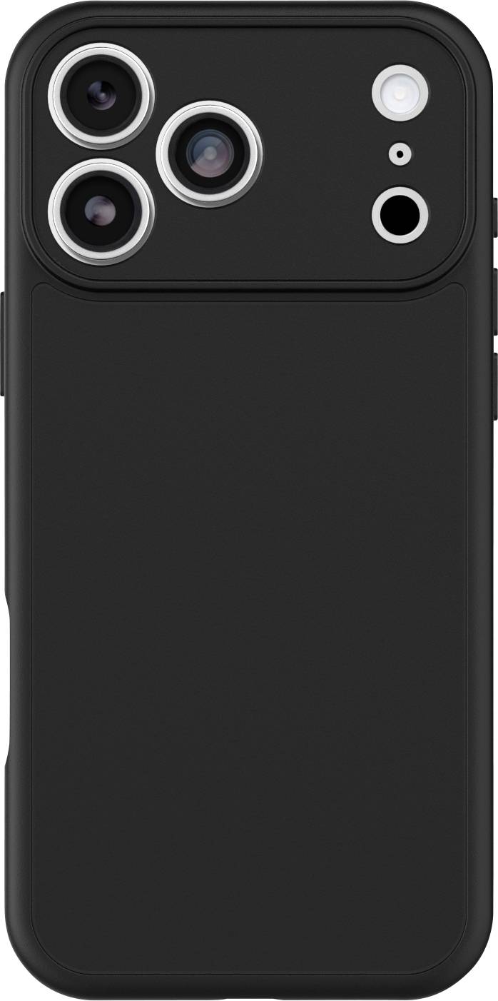 Schwarze Smartphone-Hülle mit drei großen Kameraausschnitten, Blitzöffnung und glatter Rückseite.