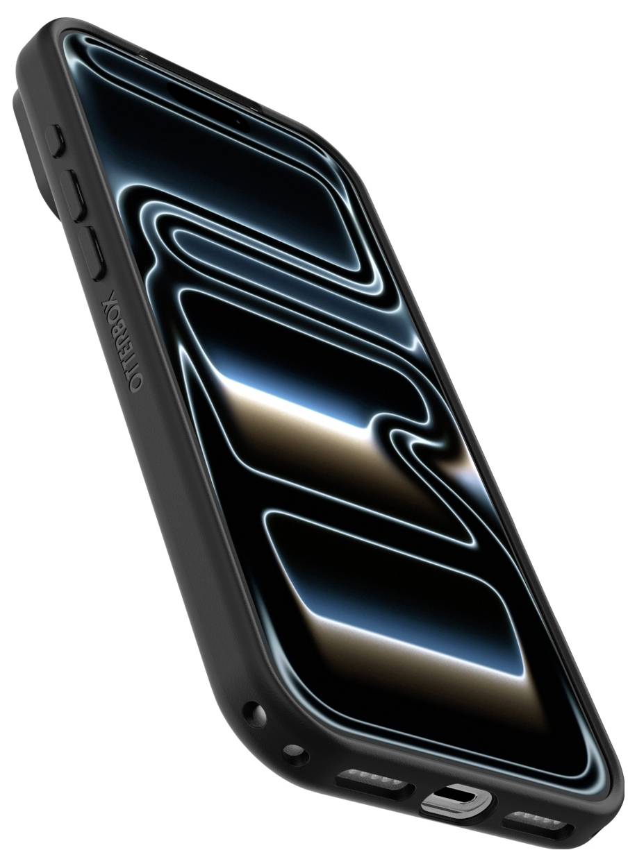 Schwarzes Smartphone in einem robusten Gehäuse, in einem Winkel dargestellt mit einer leuchtenden abstrakten blauen Welle auf dem Bildschirm.