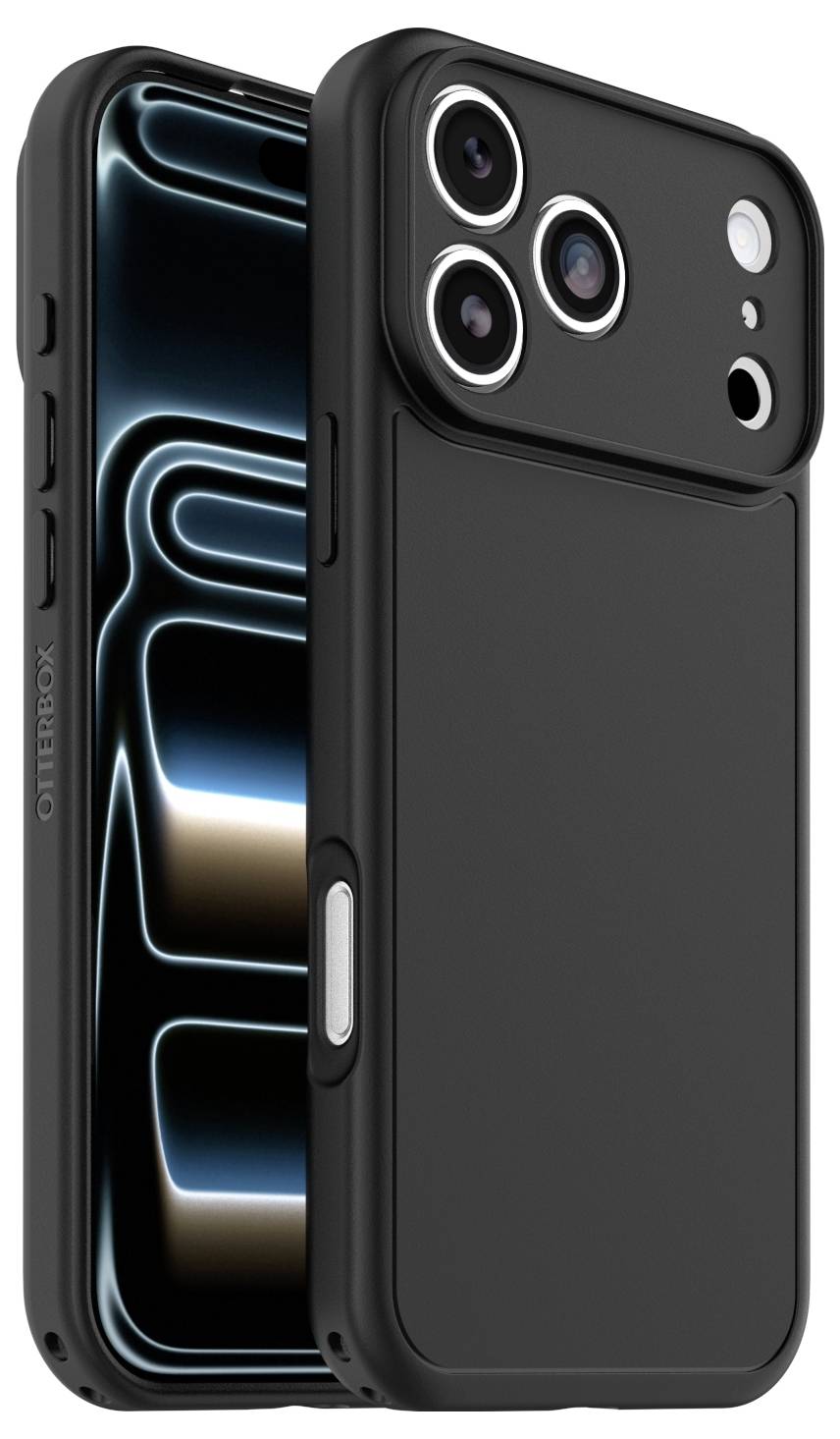 Schwarze iPhone-Hülle mit integriertem MagSafe-ähnlichem Rückpanel, gezeigt auf einem Telefon mit dreifacher Rückkamera und Seitentasten-Ausschnitt.