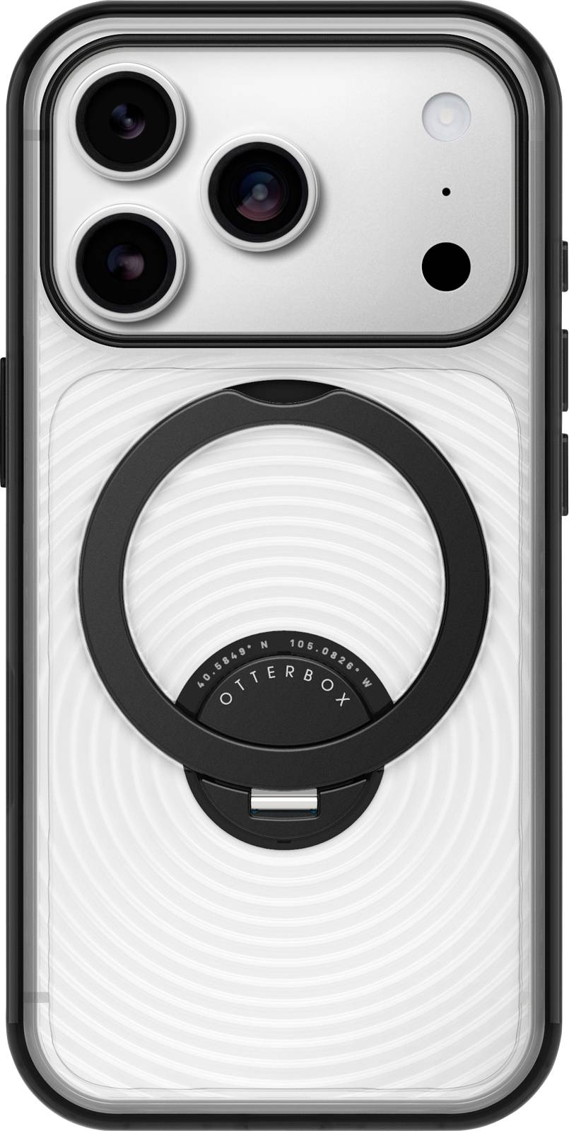 Weißes iPhone-Gehäuse mit schwarzem kreisförmigem OtterBox-Ringständer, zentriert auf der Rückseite, dargestellt auf einem Telefon mit Dreifach-Kamera.