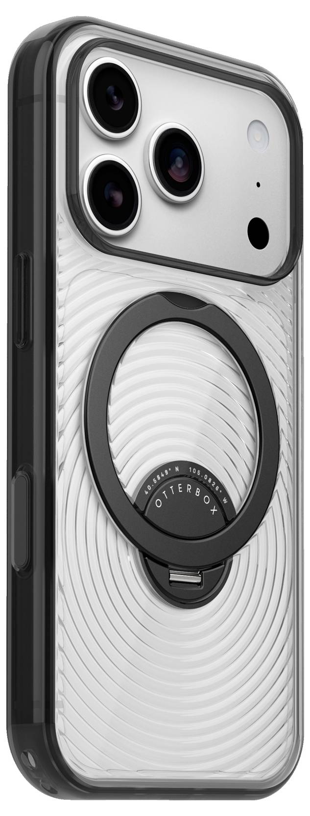 Nahaufnahme einer Smartphone-Hülle mit einem integrierten kreisförmigen Magnetring und drei Kameraaussparungen auf der Rückseite, dargestellt in Silber und Schwarz.