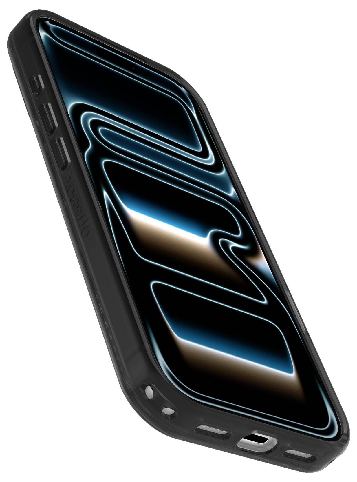 Schwarzes Smartphone im Winkel auf weißem Hintergrund, das eine leuchtende blaue abstrakte Wellengrafik auf dem Bildschirm zeigt.