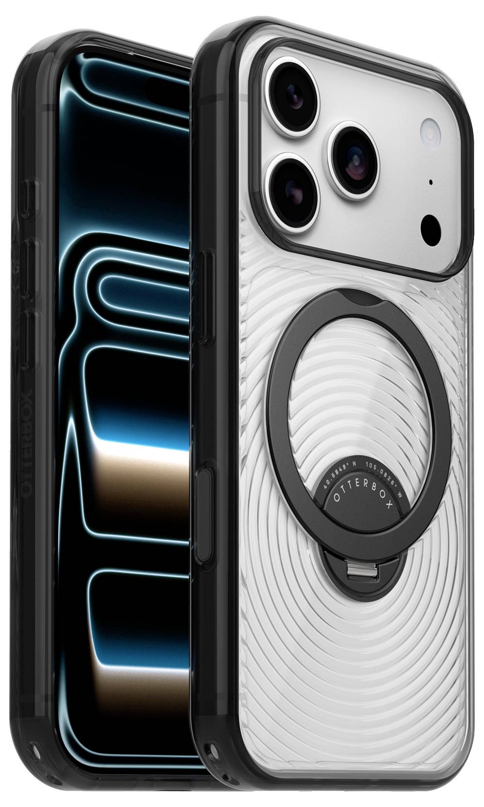 Zwei Smartphones, die von vorne und von hinten gezeigt werden, mit schwarzem Display und leuchtenden blauen Linien und weißem Gehäuse mit drei hinteren Kameras und einem kreisförmigen Ring im MagSafe-Stil.